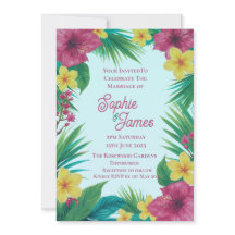 Convite de Casamento Tropical Rosa Amarelo Hibisco