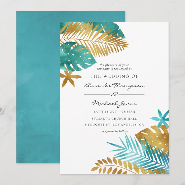 Convite de Casamento Tropical Verde Azul e Dourado (Frente/Verso)