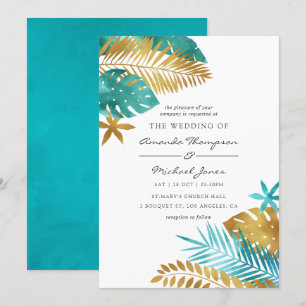 Convite de Casamento Tropical Verde Azul e Dourado