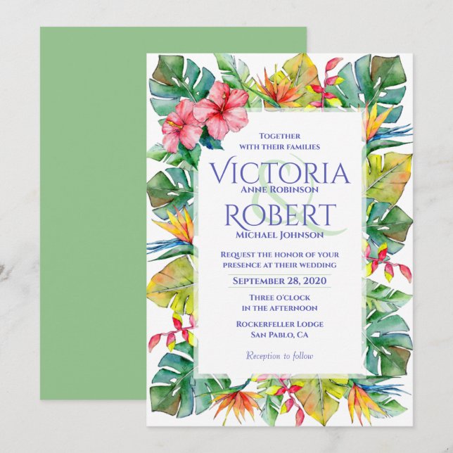Convite De Casamento | Tropical Watercolor Floral (Frente/Verso)