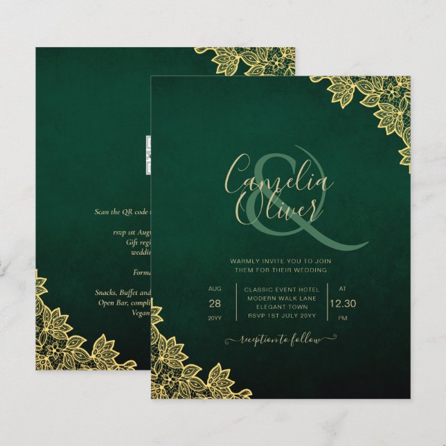 Convite de Casamento Tudo-em-1 Verde Esmeralda com (Frente/Verso)