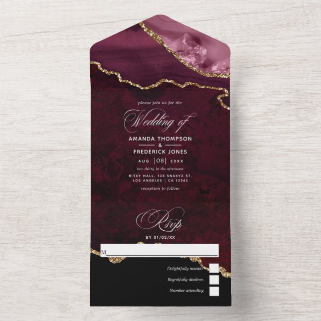Convite de Casamento Tudo Em Um Ágata Burgundy e D (Interno)