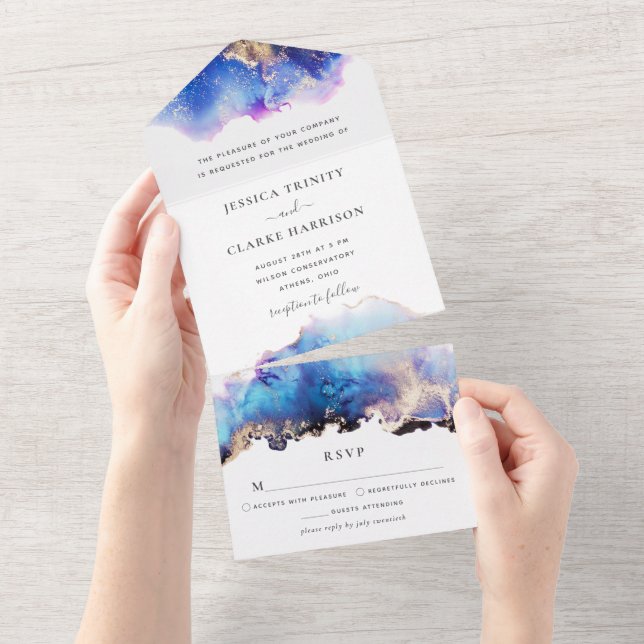 Convite de Casamento Tudo em Um Aquarela Azul e Do (Aba destacável)