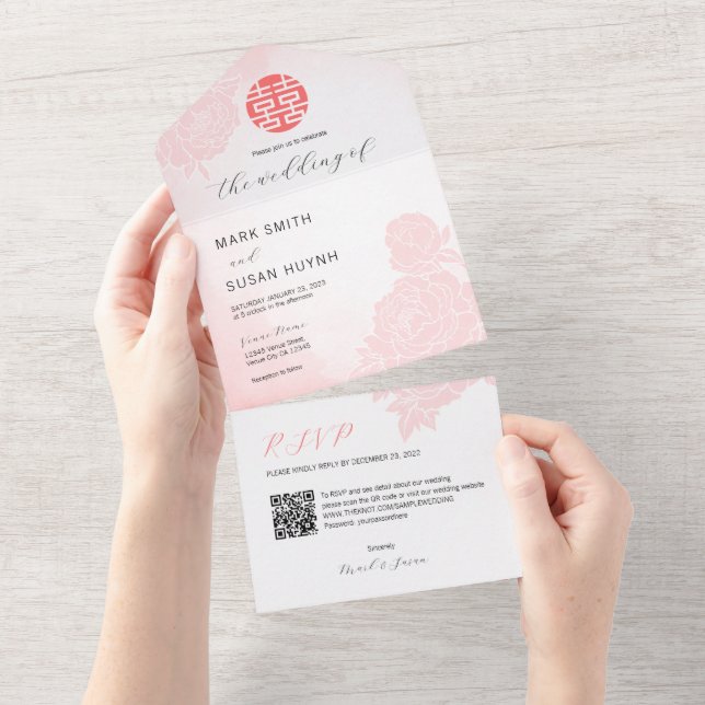 Convite de Casamento Tudo em Um Aquarela Chinesa (Aba destacável)
