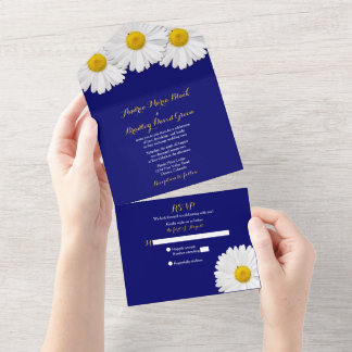 Convite de Casamento Tudo em Um Azul Marinho Daisy