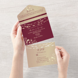 Convite de Casamento Tudo-em-Um Burgundy Gold
