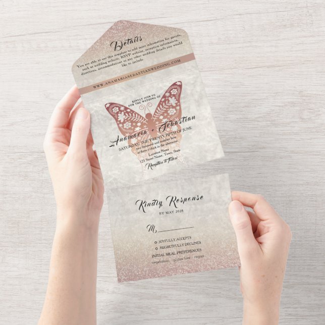 Convite de Casamento Tudo-em-Um com Brilho em Rose (Aba destacável)