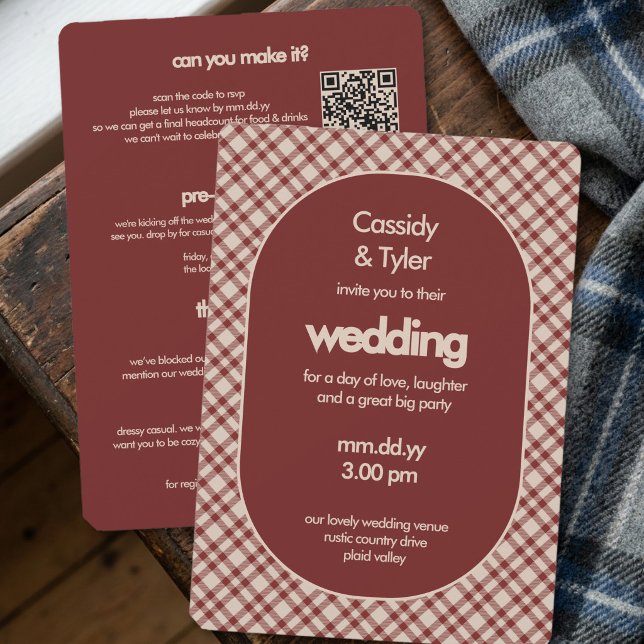 Convite de Casamento Tudo em Um com Código QR Xadr (All in One wedding invitation from the Rustic Red Plaid Western Wedding Suite by Darling & May)