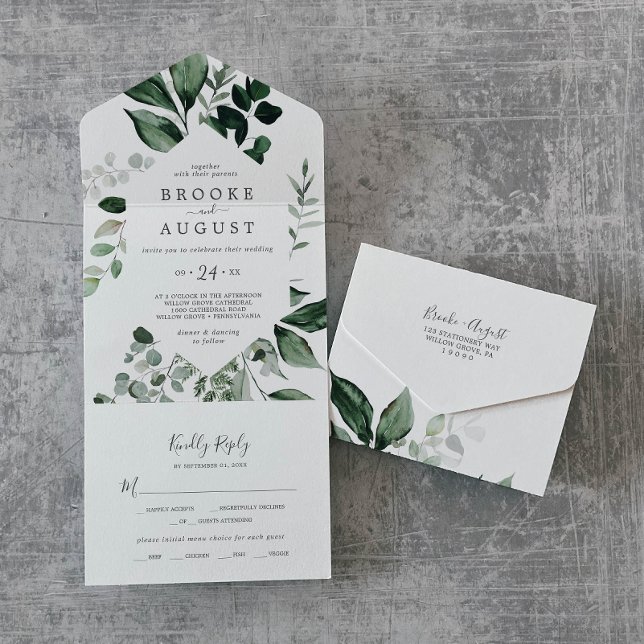 Convite de Casamento Tudo em Um com Folhagem Esmer (Emerald Greenery Wedding All In One Invitation)