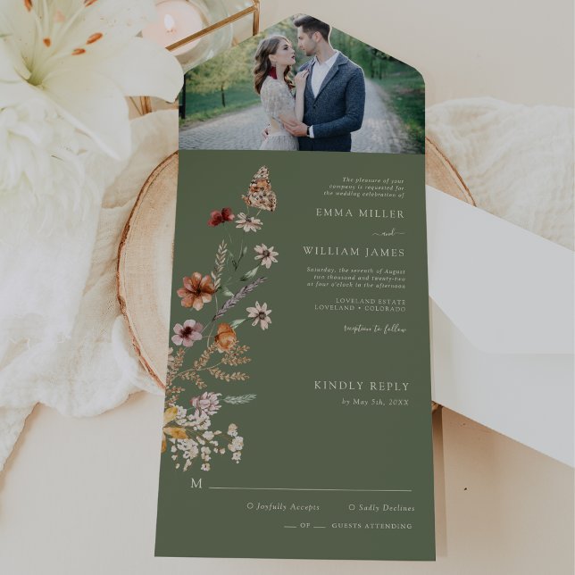 Convite de Casamento Tudo em Um com Foto de Flor S (Boho Sage Green Wildflower Photo All in One Wedding Invite by Painted Paperie
)