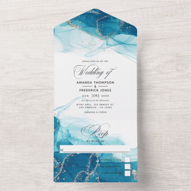 Convite de Casamento Tudo em Um com Tinta Turquesa (Interno)