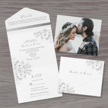 Convite de Casamento Tudo-em-Um Floral Prateado