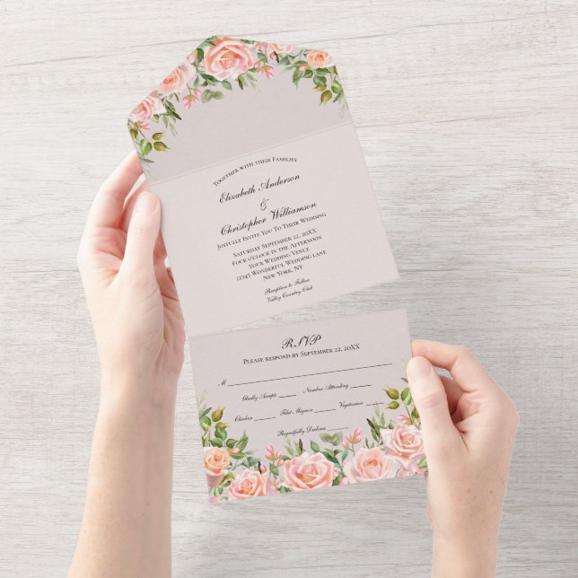 Convite de Casamento Tudo em Um Floral Rosa Blush (Tearaway)