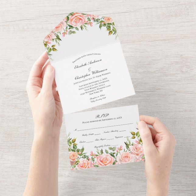 Convite de Casamento Tudo em Um Floral Rosa Blush (Aba destacável)
