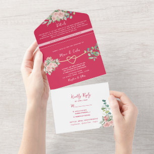Convite de Casamento Tudo-em-Um Fuchsia Floral + F