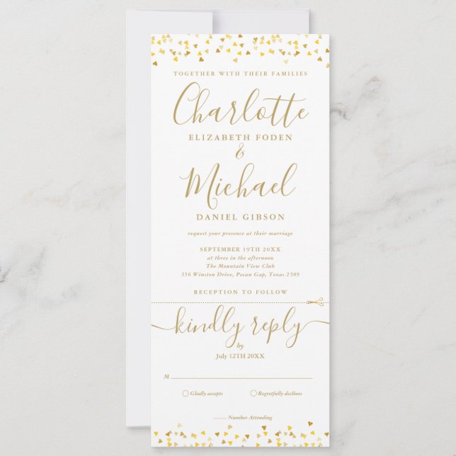Convite de Casamento Tudo em Um Gold Hearts Confet (Frente)