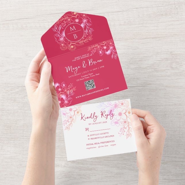 Convite de Casamento Tudo-em-Um Magenta Floral (Aba destacável)