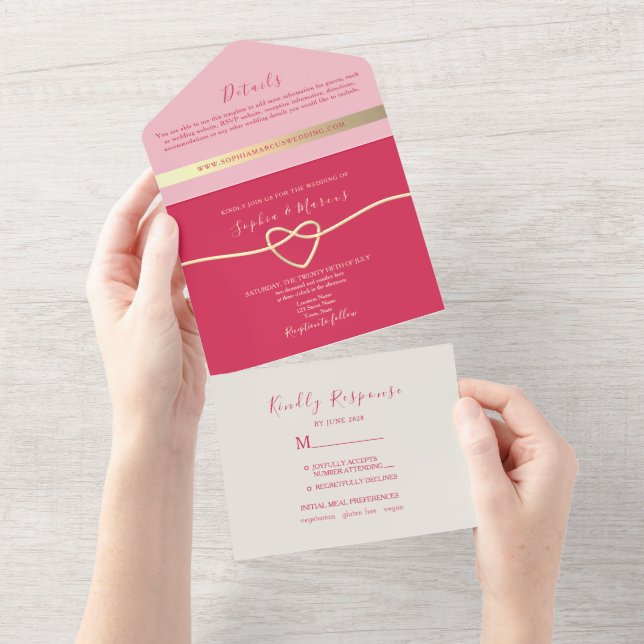 Convite de Casamento Tudo-em-Um Magenta + Foto (Aba destacável)
