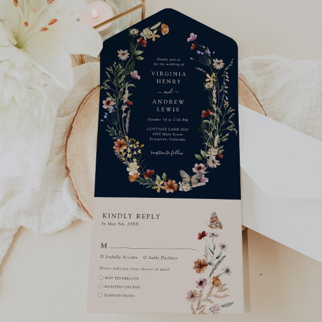 Convite de Casamento Tudo em Um Marinho (Navy Blue Floral All in One Wedding Invite by Painted Paperie
)
