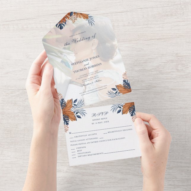 Convite de Casamento Tudo em Um Midnight Blue Mons (Aba destacável)