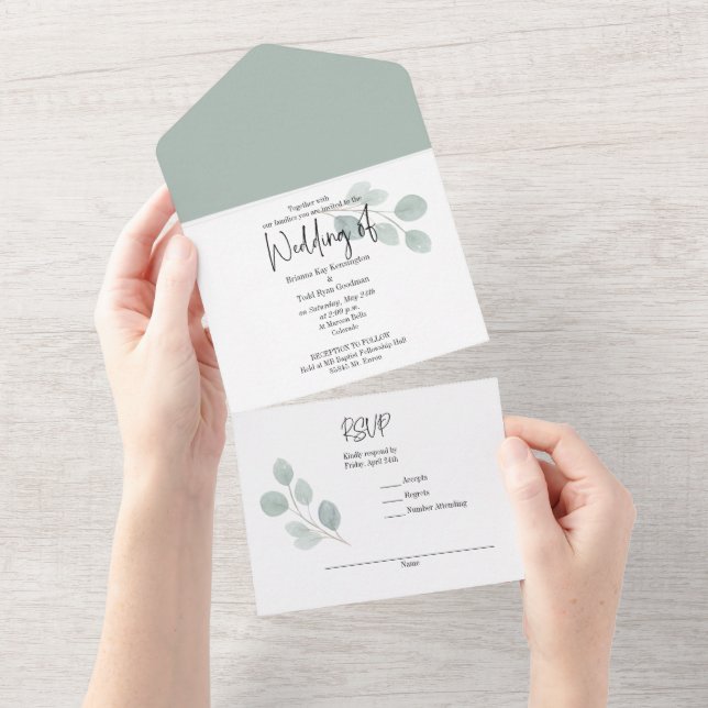 Convite de Casamento Tudo em Um Minimalista Verde  (Aba destacável)