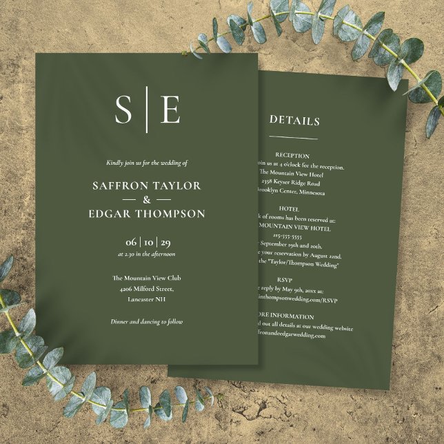Convite de Casamento Tudo em Um Monograma Verde Ol (Monogram Olive Green All In One Wedding Invitation)