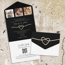 Convite de Casamento Tudo-em-Um QR Dourado Preto