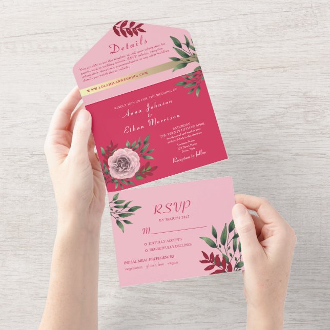 Convite de Casamento Tudo-em-Um Rosa Magenta + Fot (Aba destacável)
