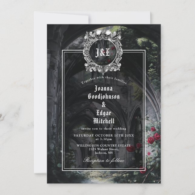 Convite de Casamento Tudo Em Um Rosas e Ruínas Gót (Frente)