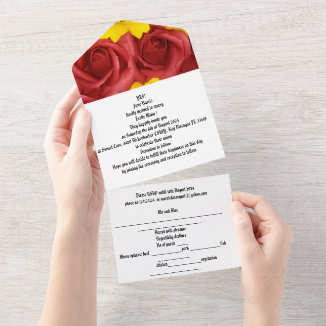 convite de casamento tudo em um rosas vermelhas gi (Aba destacável)