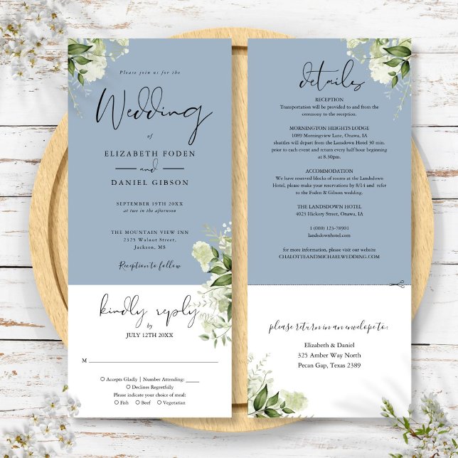 Convite de Casamento Tudo Em Um Verde Botânico Azu (Botanical Greenery Dusty Blue All In One Wedding Invitation)