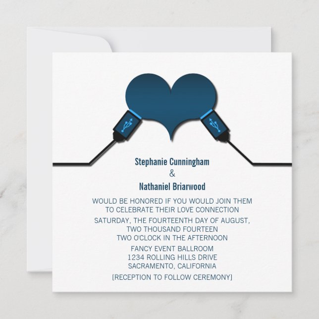 Convite de casamento USB para conexão de amor, azu (Frente)