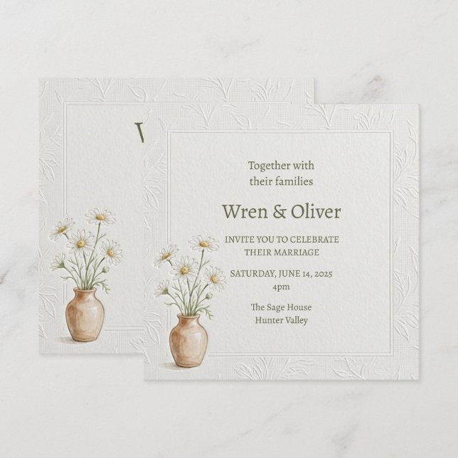 Convite de Casamento Vaso de Flores Silvestres Boh (Frente/Verso)
