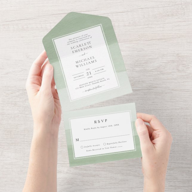 Convite de Casamento Verde Aquarela Tudo em Um (Aba destacável)