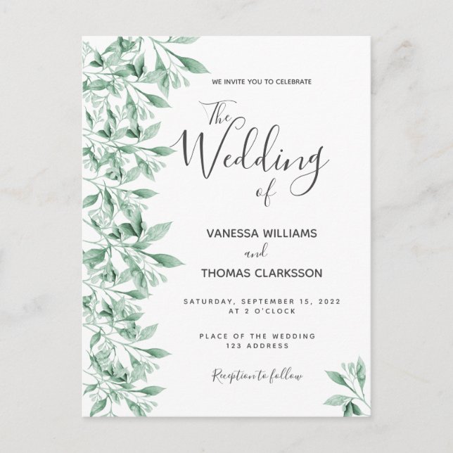 Convite de casamento verde-botânico verde-verde-ve (Frente)