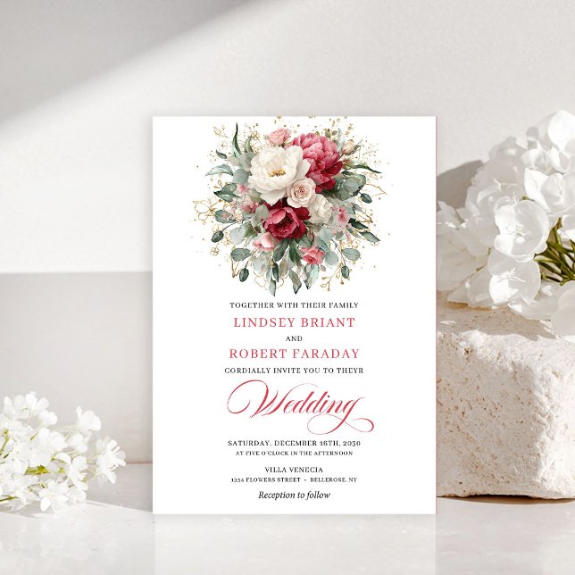 Convite de Casamento Verde Branco Boho Elegante (Elegant Boho Red White Greenery Wedding Invitation)