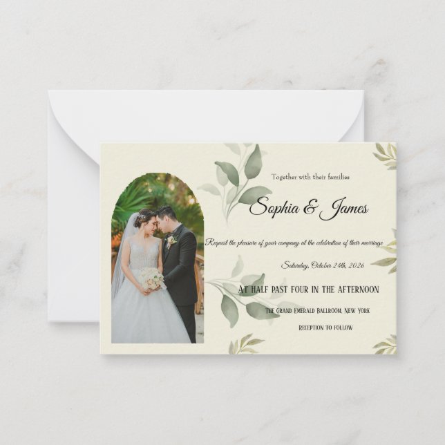 Convite de Casamento Verde com Arco Elegante e Fot (Frente)