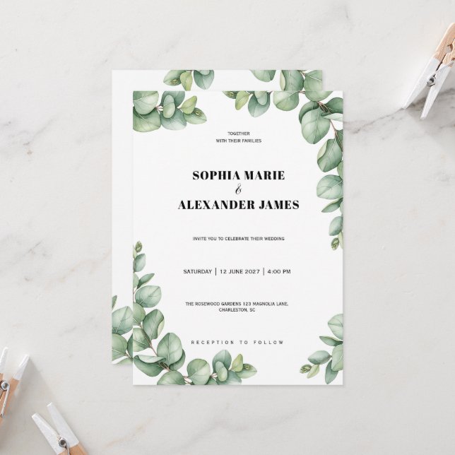 Convite de Casamento Verde com Brilho de Eucalipto (Frente/Verso In Situ)