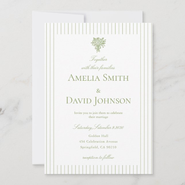 Convite de Casamento Verde com Listras Minimalista (Frente)