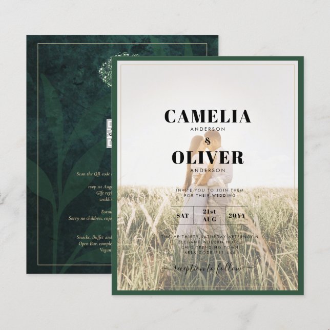 Convite de casamento Verde da Floresta LeahG Emera (Frente/Verso)