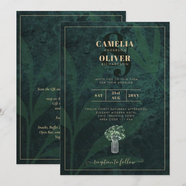 Convite de casamento Verde da Floresta LeahG Emera (Frente/Verso)