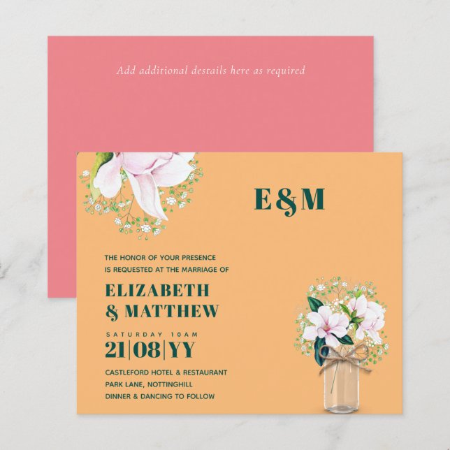 CONVITE DE CASAMENTO Verde de Magnolias Rosa Flora (Frente/Verso)