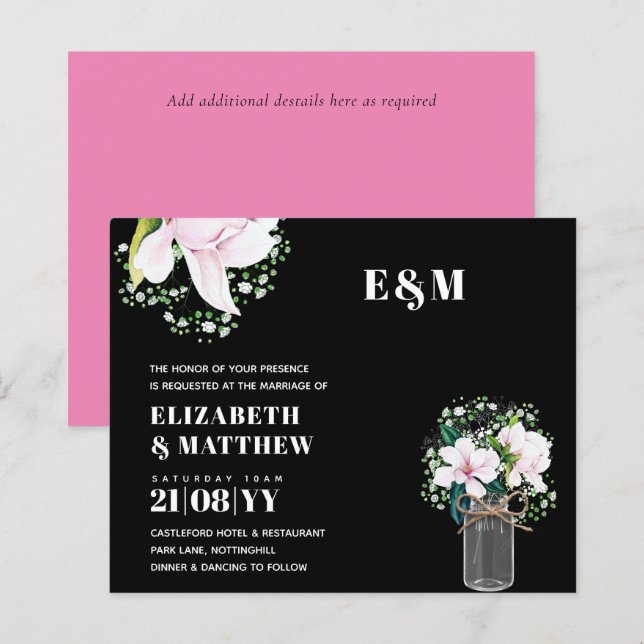 CONVITE DE CASAMENTO Verde de Magnolias Rosa Flora (Frente/Verso)