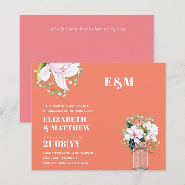 CONVITE DE CASAMENTO Verde de Magnolias Rosa Flora (Frente/Verso)