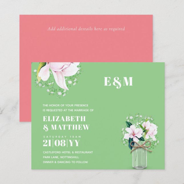 CONVITE DE CASAMENTO Verde de Magnolias Rosa Flora (Frente/Verso)
