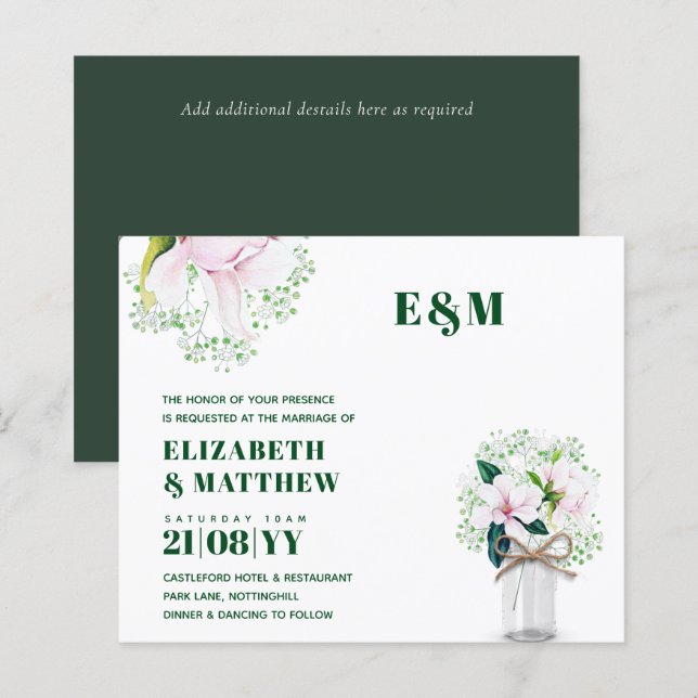 CONVITE DE CASAMENTO Verde de Magnolias Rosa Flora (Frente/Verso)