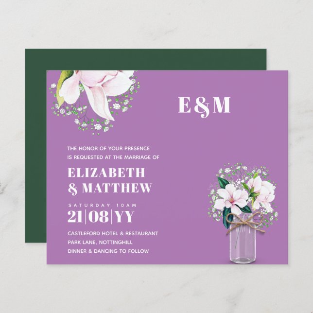 CONVITE DE CASAMENTO Verde de Magnolias Rosa Flora (Frente/Verso)