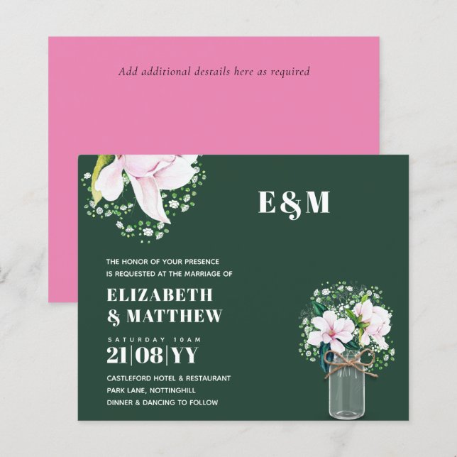 CONVITE DE CASAMENTO Verde de Magnolias Rosa Flora (Frente/Verso)