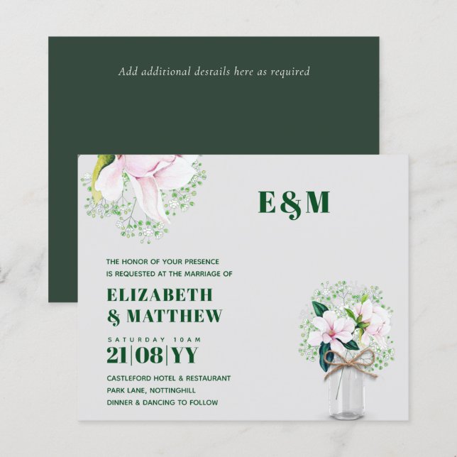 CONVITE DE CASAMENTO Verde de Magnolias Rosa Flora (Frente/Verso)