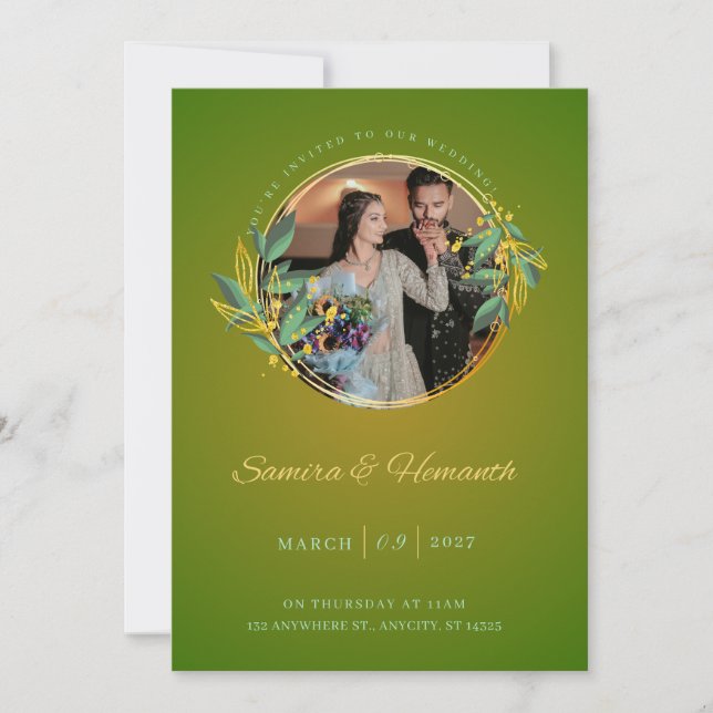 Convite de Casamento Verde & Dourado Elegante | Pe (Frente)
